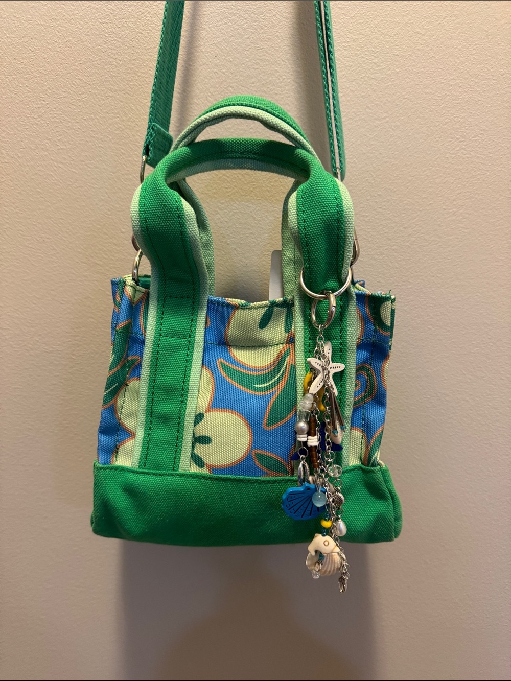 Urban Outfitters Green Blue Floral Mini Tote Crossbody Bag + Charm Y2K